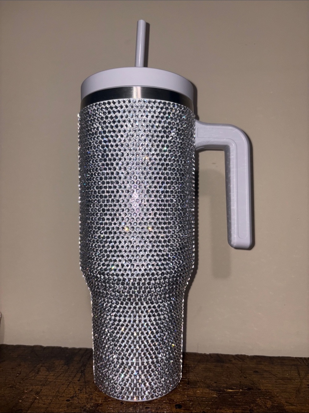 Crystal Embellished White Travel Tumbler with Handle
